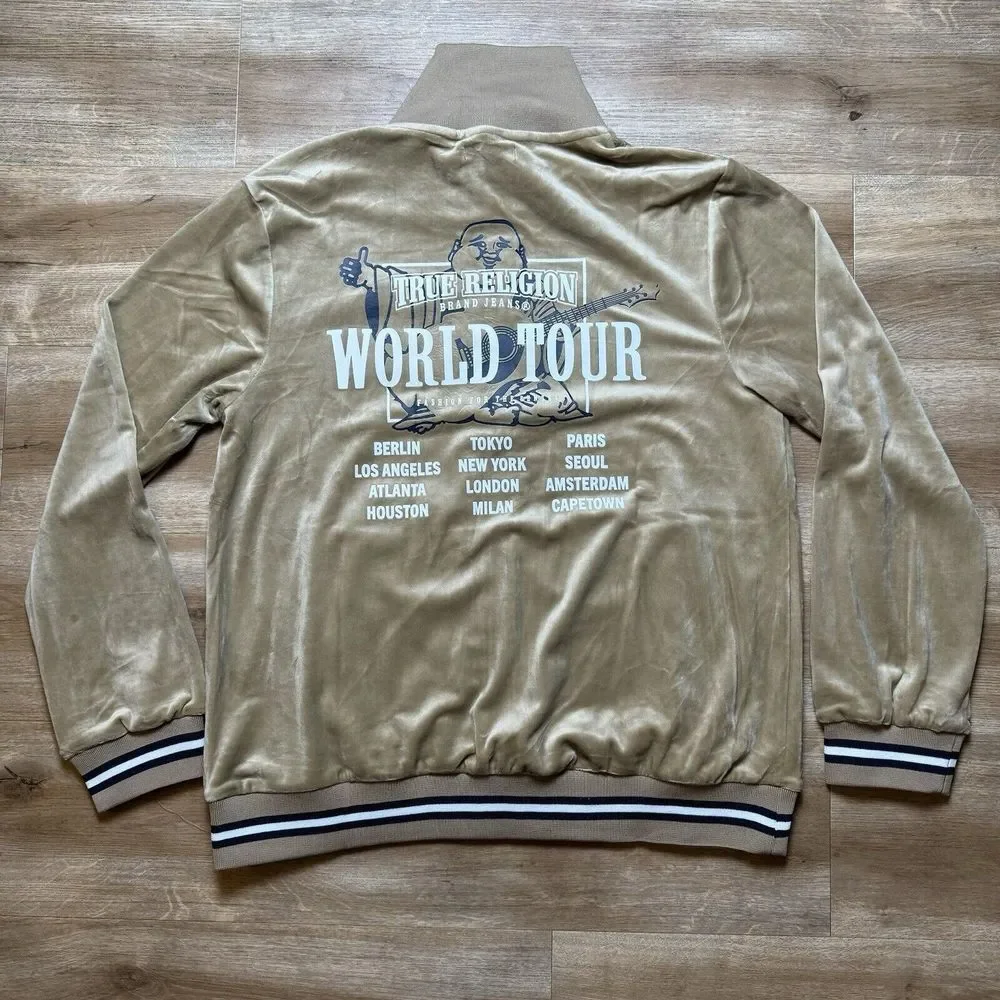 True Religion Tour Jacket Men's Large Tan Track Velour Travertine Full‎ Zip NWT